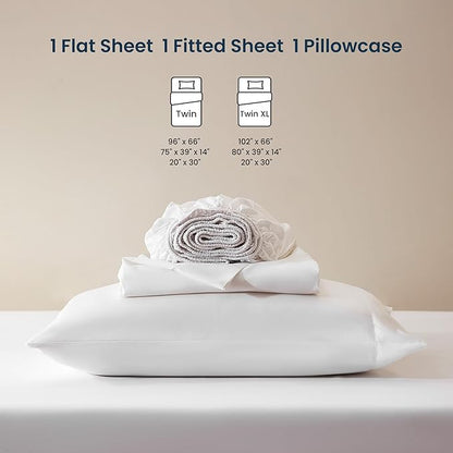 SLEEP ZONE Nanotex Super Soft Cooling Kids Bed Sheets Set Twin XL 3 Piece - Easy Care Fitted Flat Sheet & Pillowcase Sets - Wrinkle Free, Fade Resistant, Deep Pocket 16" (White, Twin XL)