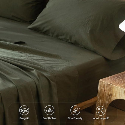 MooMee Fitted Bottom Sheet Only 100% Washed Cotton Linen Like Textured Breathable Durable Soft Comfy Deep Pocket Fits Mattress up to 17" (Olive Green, Twin)