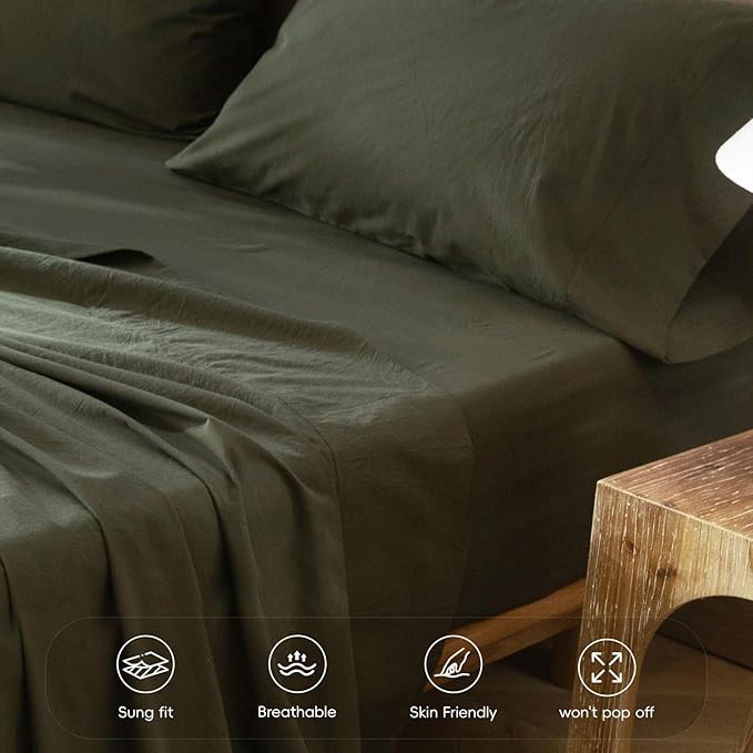 MooMee Fitted Bottom Sheet Only 100% Washed Cotton Linen Like Textured Breathable Durable Soft Comfy Deep Pocket Fits Mattress up to 17" (Olive Green, King)