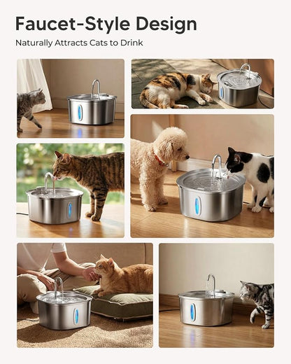 PEKTACO Stainless Steel Cat Water Fountain with 6 Filters, 3.2L/108oz | Cat drinking fountain, dishwasher safe, with triple filtration, quiet pump, and visible water window for cats and small pets