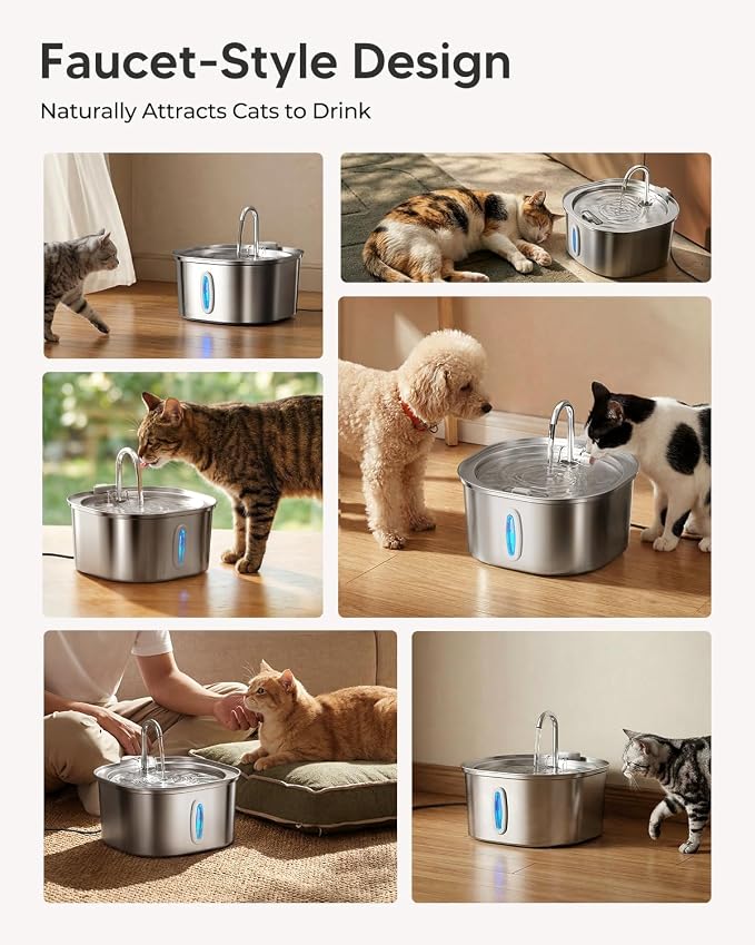 PEKTACO Cat Water Fountain, 3.2L/108oz Stainless Steel Pet Water Fountain | Cat drinking fountain, dishwasher safe, with triple filtration, quiet pump, and visible water window for cats and small pets