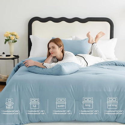 CozyLux Full Size Comforter Set Light Blue, 3 Pieces Solid Breathable Quilted Bedding Sets, Luxury Lightweight Soft Bed Set with Down Alternative Comforter and 2 Pillowcases for All Seasons