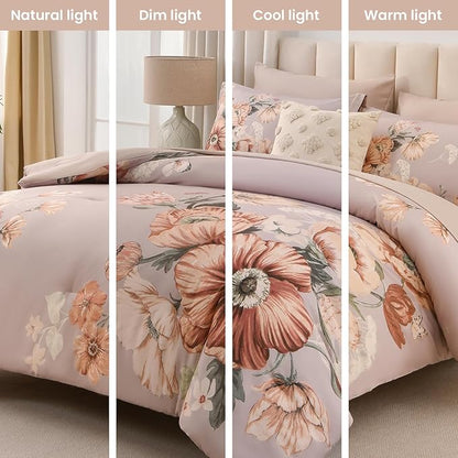 Queen Comforter Set - 7 Pieces Bed in a Bag Khaki Floral Queen Comforter Set with Sheets, Soft Microfiber Flower Complete Bedding Set for All Seasons（Khaki,90"x90"）