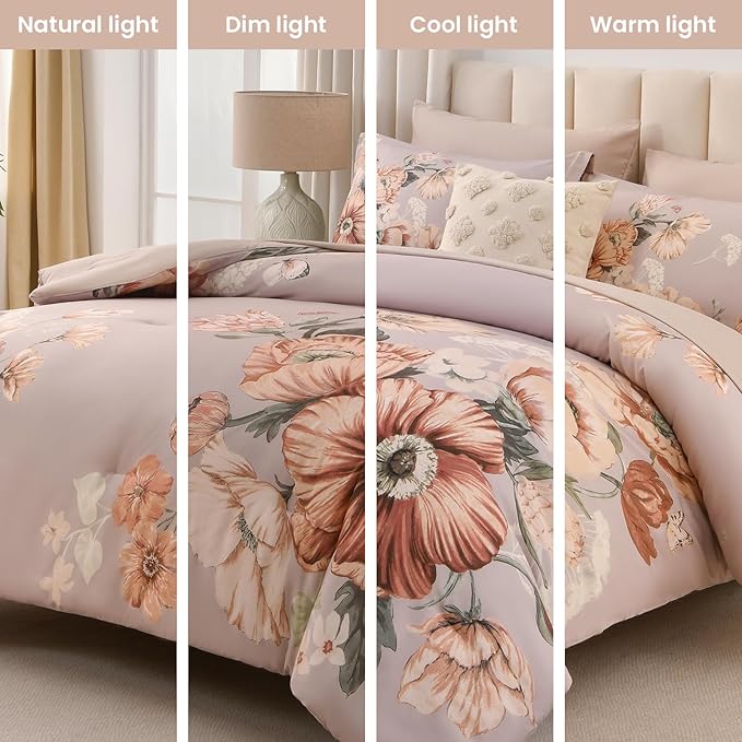 King Size Comforter Set - 7 Pieces Floral Comforter and Sheet Set, Khaki King Size Bed in a Bag, Soft Microfiber Flower Complete Bedding Set for All Seasons（Khaki,104"x90"）
