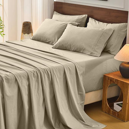 Bedlifes 100% French Flax Linen Sheets Set California King Size-6 Piece Extra Deep Pocket 18-24",Soft Breathable Cal King Bed Sheets with Temperature Regulating & Moisture-Wicking(Taupe)