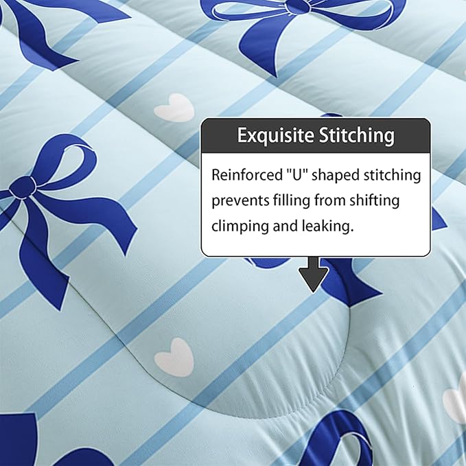 3Pcs Bow Bedding for Girls,Blue Bowknot and White Love Heart Printed Bedding Set Full Size,Blue Striped Comforter for Teens Boys Girls,Kawaii Cartoon Comforter Set 1 Quilt 2 Pillowshams