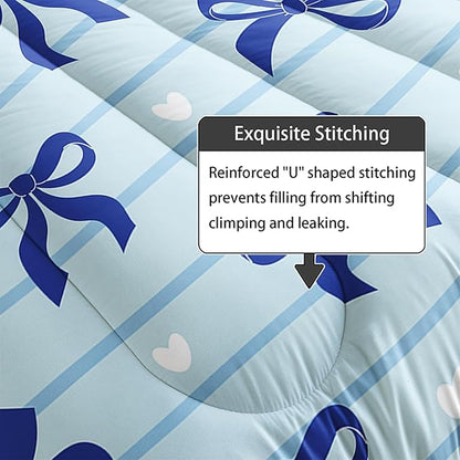 3Pcs Bow Bedding for Girls,Blue Bowknot and White Love Heart Printed Bedding Set Full Size,Blue Striped Comforter for Teens Boys Girls,Kawaii Cartoon Comforter Set 1 Quilt 2 Pillowshams