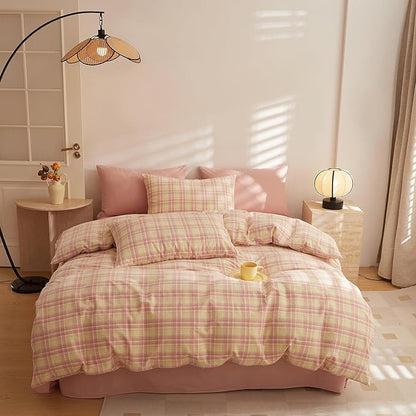 HighBuy King Comforter Set Blush Gingham Comforter Modern Chic Pink Plaid Comforter Set 3 Pieces Fluffy Grid Checkered Comforter with 2 Pillowcases Boho Gingham Bedding Set Queen Size