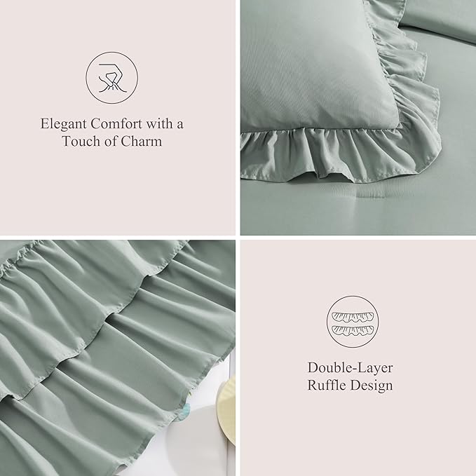 Full Comforter Set Sage Green, Ruffle Shabby Chic Bedding Set Farmhouse 7 Pieces, All Season Fluffy Bed in a Bag with Sheets, Pillowcases & Shams