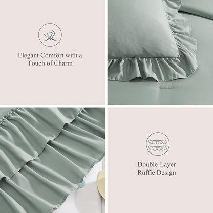 Queen Comforter Set Sage Green, Ruffle Shabby Chic Bedding Set Farmhouse 7 Pieces, All Season Fluffy Bed in a Bag with Sheets, Pillowcases & Shams