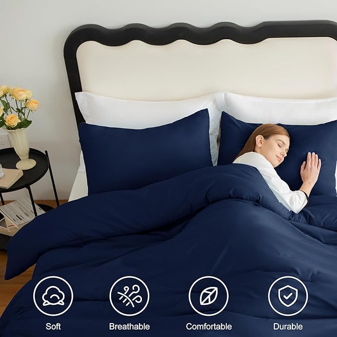 CozyLux Twin/Twin XL Comforter Set Navy Blue, 2 Pieces Twin Extra Long Solid Breathable Bedding Sets for College Dorm, Luxury Soft Bed Set with Down Alternative Comforter and 1 Pillowcase All Seasons