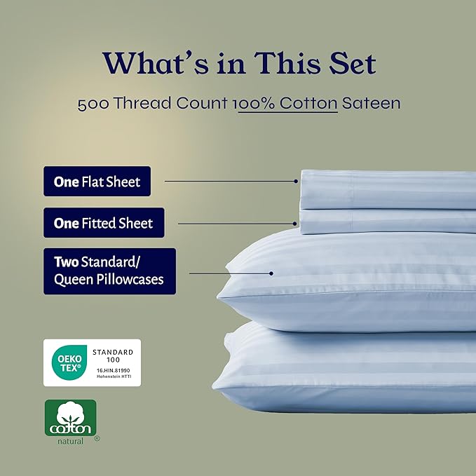 California Design Den - Queen Sheets Set Cotton Soft 100% Cotton Sheets Deep Pockets Snug Fit Elastic, 500 Thread Count Sateen, Damask Stripe Sheets for Bed - Light Blue - Striped