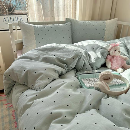 VM VOUGEMARKET Full Comforter Set 3 Pieces Romantic Lace Bedding Set Cute Black Polka Dots Comforter/Quilt for Teen Girls Students,Sage Green,80"x90"