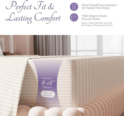 Carressa Linen Luxury Egyptian Cotton California King Stripe Sheet Set, 600 Thread Count Extra Long Staple 4 PC Set, Cal King Stripe Sheets, Soft, Cooling Striped Sheets 16 in Deep Pocket - Ivory