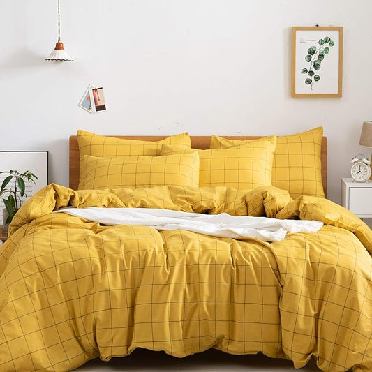 JELLYMONI 100% Natural Cotton 3pcs Plaid Duvet Cover Sets, Checkered Queen Comforter Cover, 1 Duvet Cover and 2 Pillow Shams with Zipper Closure & Corner Ties