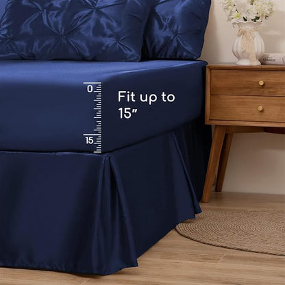 MR&HM Satin Comforter Queen 7 Pieces - Luxurious Pinch Pleat Bedding Set with Comforter, Flat Sheet, Fitted Sheet, Pillowcases & Shams, Super Silky Soft Bed Set for All Season (Queen, Navy Blue)