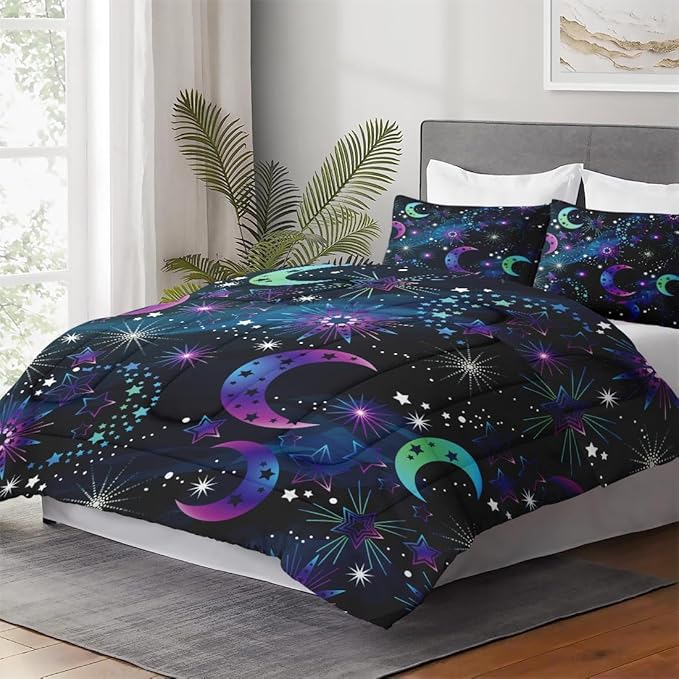 Full Size Comforter Set with 2 Pillowcases, Moon Neon Galaxy Kids Rainbow Soft 3 Pcs Bedding for Kids and Adults Bedroom Bed Decor