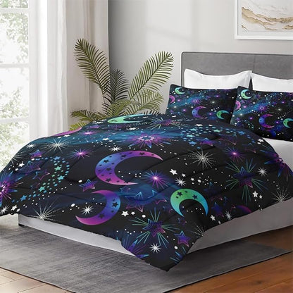 Full Size Comforter Set with 2 Pillowcases, Moon Neon Galaxy Kids Rainbow Soft 3 Pcs Bedding for Kids and Adults Bedroom Bed Decor