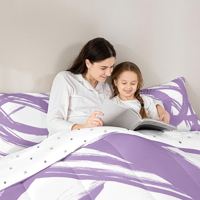 Purple and White Striped Bedding Set Full Size for Adults Youth Teens,Contemporary Boho Modern Art Comforter Set,Graffiti Stripes Lines Quilt,Aesthetic Geometric Duvet Insert for Minimalists