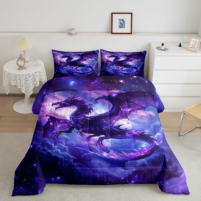 Dragon Comforter Set King Size,Magical Animals Bedding Set 3Pcs,Kids Girls Boys Teens Room Decor,Outer Space Starry Sky Quilt Set Purple Western Wildlife Theme Duvet Insert,2 Pillowcases