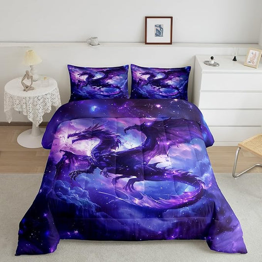 Dragon Comforter Set Twin Size,Magical Animals Bedding Set 2Pcs,Kids Girls Boys Teens Room Decor,Outer Space Starry Sky Quilt Set Purple Western Wildlife Theme Duvet Insert,1 Pillowcase