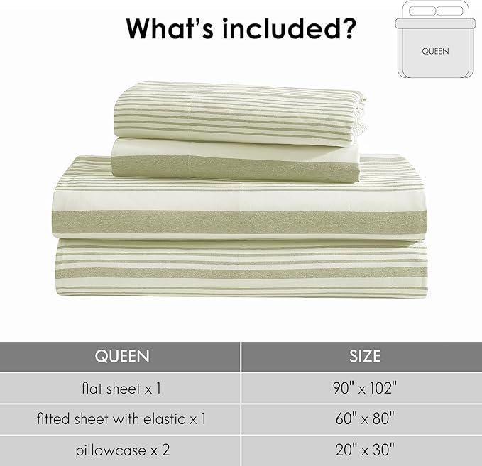 ClevaHome Classic Stripe Sheet Set - 4 Pieces Super Soft & Breathable Bed Sheet Set with Deep Pocket, Enhanced Comfort & Easy Care (Queen, Sage Stripe)