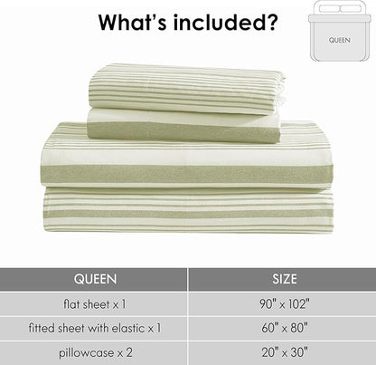 ClevaHome Classic Stripe Sheet Set - 4 Pieces Super Soft & Breathable Bed Sheet Set with Deep Pocket, Enhanced Comfort & Easy Care (Queen, Sage Stripe)