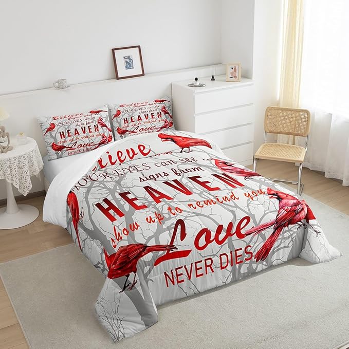 Feelyou Cardinal Bird Comforter Set Queen Size Farmhouse Red Birds Bedding Set for Girls Boys Women Men Tree Branches Decor Comforter Nature Comforter with 2 Pillow Case