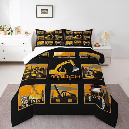 Erosebridal Excavator Comforter Set Queen Tractor Truck Bedding Set Construction Vehicle Down Comforter for Boys Kids Girls Teens Cartoon Heavy Machinery Car Bedding Sets & Collections, Gray Yellow