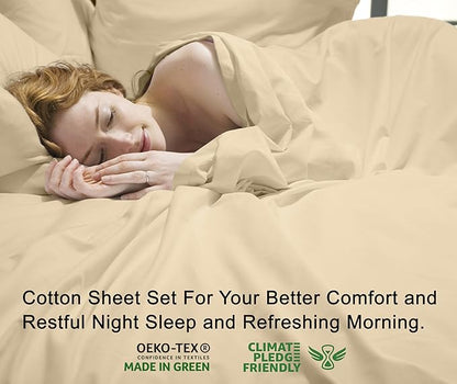 RUVANTI 100% Cotton Sheets – Twin XL Size Percale Bedding, Cooling & Breathable, Durable with a Crisp, Soft & Comfortable Feel, 16" Deep Pocket, 3-Piece Set, Beige
