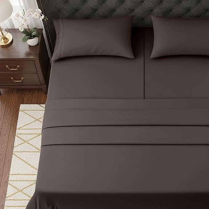 Elegant Comfort Luxurious 1500 Premium Hotel Quality Microfiber Three Line Embroidered Softest 5-Piece Bed Sheet Set, Wrinkle and Fade Resistant, Split King, Chocolate Brown