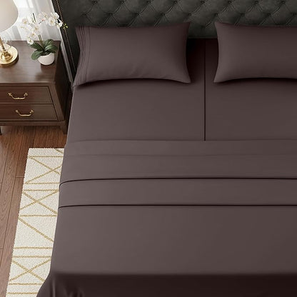 Elegant Comfort Luxurious 1500 Premium Hotel Quality Microfiber Three Line Embroidered Softest 5-Piece Bed Sheet Set, Wrinkle and Fade Resistant, Split King, Chocolate Brown