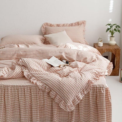 mixinni Vintage Pink Gingham Ruffle Comforter Set 3-Piece Washed Cotton Queen Size Grid Bedding Set with Geometric Checkered Pattern, Farmhouse Chic Soft Fluffy Comforter for All-Season