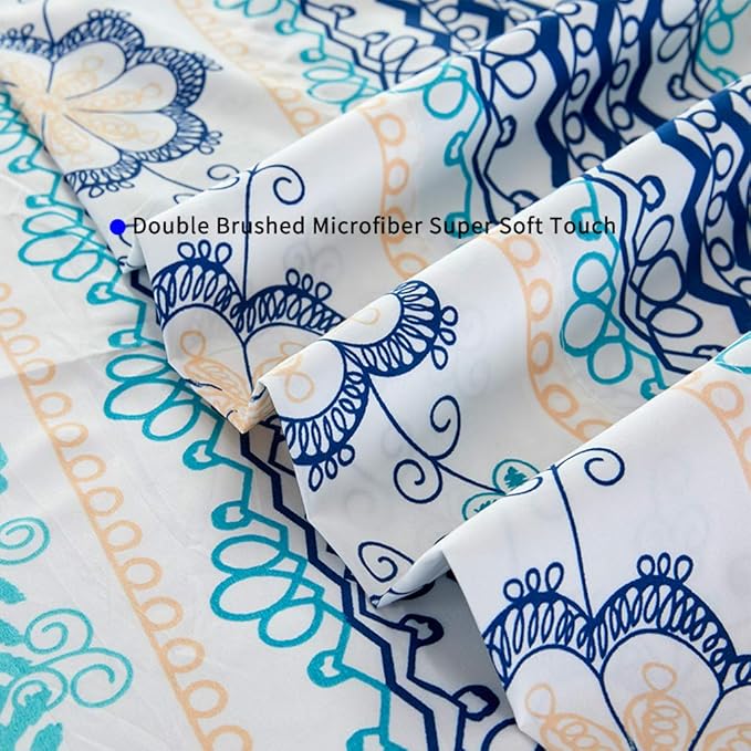 JSD Blue Boho Printed Sheet Set Queen Size, 4 Piece Soft Floral Microfiber Sheets Extra Deep Pocket