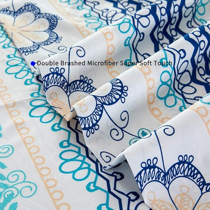 JSD Blue Boho Printed Sheet Set Queen Size, 4 Piece Soft Floral Microfiber Sheets Extra Deep Pocket