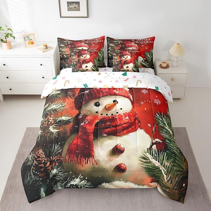 Winter Snowman Comforter Set 7 Pieces,Merry Christmas Trees Flowers Bed Set,Happy New Year Bedding Bed in a Bag Soft,Queen (1 Comforter,2 Pillowcase,2 Pillow Covers,1 Flat Sheet,1 Fitted Sheet)