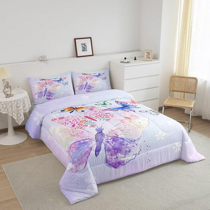 Purple Butterfly Comforter King Size,Kids Girls Butterflies Comforter Set Bedding Set for Kids Adults,Daisy Flowers Rustic Flying Animal Duvet Set Ultra Soft Room Decor 3Pcs Quilt Set