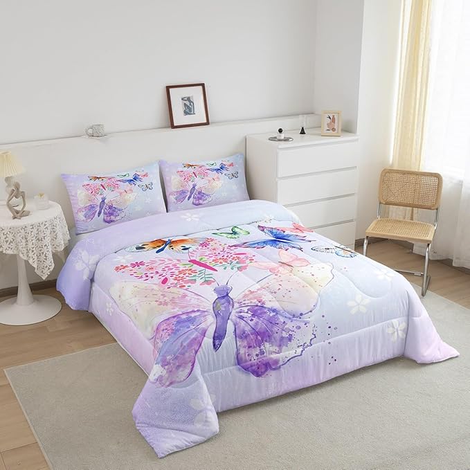 Purple Butterfly Bed Comforters Set Queen Size,Kids Girls Butterflies Super Soft Microfiber Bedding Set,Daisy Flowers Rustic Flying Animal Room Decorative Comforter Set,2 Pillowcase