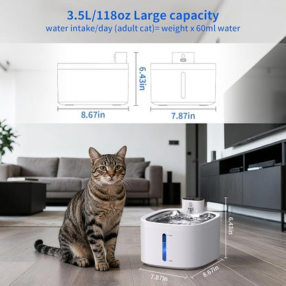Cat Water Fountain Wireless: 118oz/3.5L Battery Operated Pet Water Fountain for Cats Indoor with Motion Sensor, Quiet Automatic Fountain with Stainless Steel Tray(8Filters)