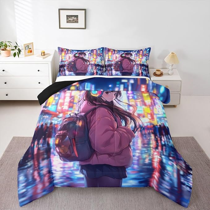 Erosebridal Cool Anime Girl Full Down Comforter Japanese Style Kids Comforter Set 3D Cartoon Girly Anime Bedding Set Sci Fi Style Gaming Bed Set Room Decor 3 Pcs