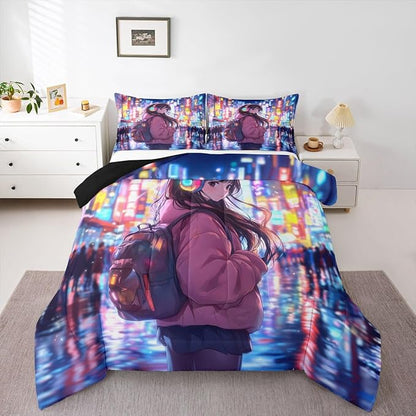 Erosebridal Cool Anime Girl Full Down Comforter Japanese Style Kids Comforter Set 3D Cartoon Girly Anime Bedding Set Sci Fi Style Gaming Bed Set Room Decor 3 Pcs