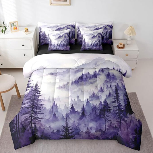 Erosebridal Purple Misty Forest Full Bed in A Bag 7 Piece Mountain Foggy Woodland Comforter Set with Sheets Rustic Pine Tree Bedding Sets for Kids Adults,Watercolor Nature Theme Bed Set