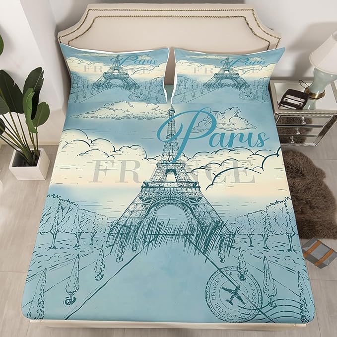 Eiffel Tower Bed Sheets Set Retro Paris Style Fitted Sheet Vintage Cityscape Bedding Set for Bedroom Decor Boys Girls Landmark Sheet (Twin Flat Sheet & Fitted Sheet with 1 Pillow Case)