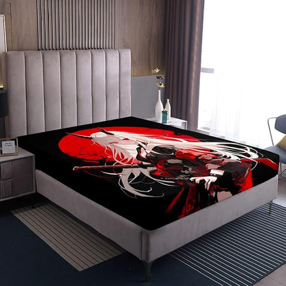 Erosebridal Full Japanese Anime Bedding Set for Kids, Anime Girl Bed Sheets Kawaii Japanese Style Fitted Sheet Cartoon Japan Animation Bed Set for Boys Teen Adult Women Bedroom,Red Black