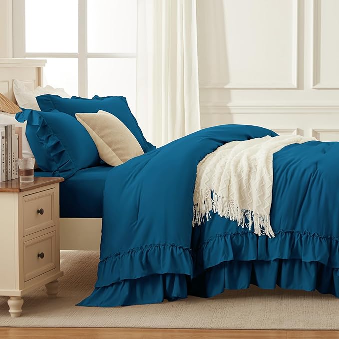 Andency Teal Twin Size Comforter Set, 2 Pieces Lightweight Fluffy Ruffle Bedding Set for Dorm, All Season Soft Farmhouse Shabby Chic Bed Set for Kids (66x90In)