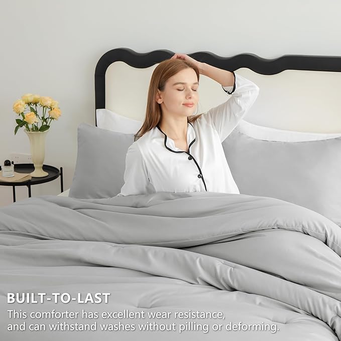 CozyLux King Size Comforter Set Light Grey, 3 Pieces Solid Comforters King Size Breathable Bedding Sets, Light Gray Luxury Soft Lightweight Bed Set with Down Alternative Comforter and 2 Pillowcases