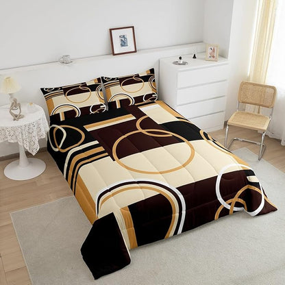 Erosebridal Modern Geometric Comforter Set King Size Brown Black Stripes Down Comforter for Kids Adult Retro Circle Swirls Bedding Set Bedroom Decor Abstract Texture Color Art Comforter