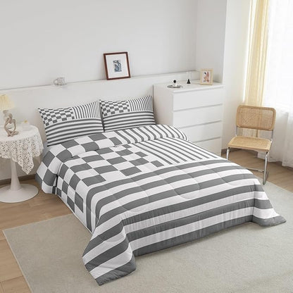 Grey Stripes Bedding Set Twin Size Buffalo Check Plaid Comforter Fashion Plaid Geometric Comforter Set Modern Simple Style Duvet Set 2Pcs Quilt Set 1 Comforter Set with 1 Pillowcase