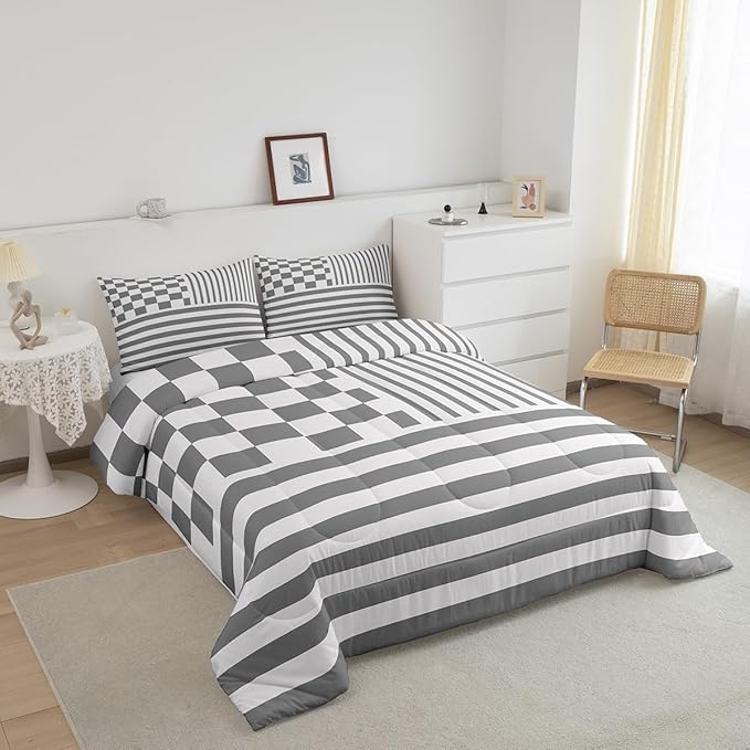 Grey Stripes Bedding Set Full Size Buffalo Check Plaid Comforter Fashion Plaid Geometric Comforter Set Modern Simple Style Duvet Set 3Pcs Quilt Set 1 Comforter Set with 2 Pillowcase