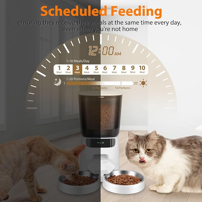 Automatic Cat Feeders WiFi for Two Cats, 5L/20 Cups Double Automatic Cat Food Dispenser with APP Control, 2 Stainless Bowls, Timer Setting 20 Portions 10 Meals Per Day